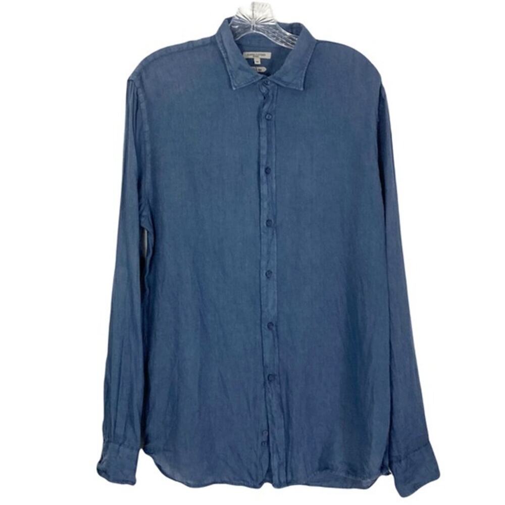 NWOT DOPPELGANGER ROMA Shirt Men M Linen Blue/Navy Long-Sleeve Button-Up